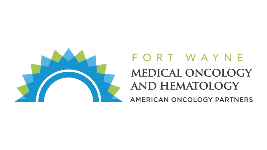 Logo for Fort Wayne Medical Oncology and Hematology, part of American Oncology Partners. Features a stylized blue and green sunrise graphic to the left of the clinic and network name.